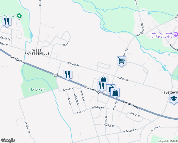 map of restaurants, bars, coffee shops, grocery stores, and more near 268 West Main Street in Fayetteville