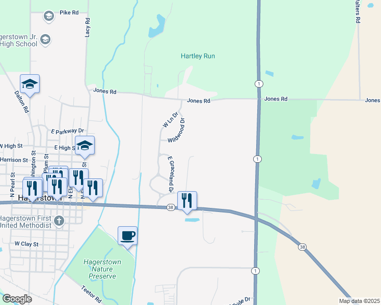 map of restaurants, bars, coffee shops, grocery stores, and more near 75 Lexington Lane in Hagerstown