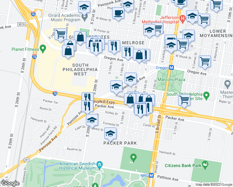 map of restaurants, bars, coffee shops, grocery stores, and more near 1844 West Moyamensing Avenue in Philadelphia