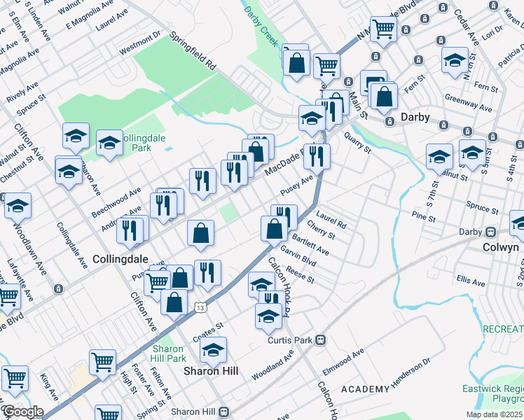 map of restaurants, bars, coffee shops, grocery stores, and more near 38 Rhodes Avenue in Darby