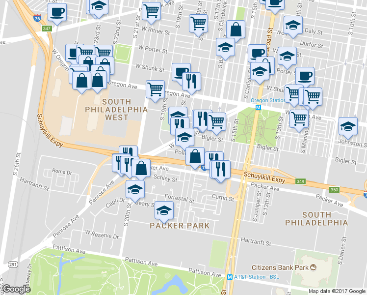 map of restaurants, bars, coffee shops, grocery stores, and more near 2941 South Cleveland Street in Philadelphia