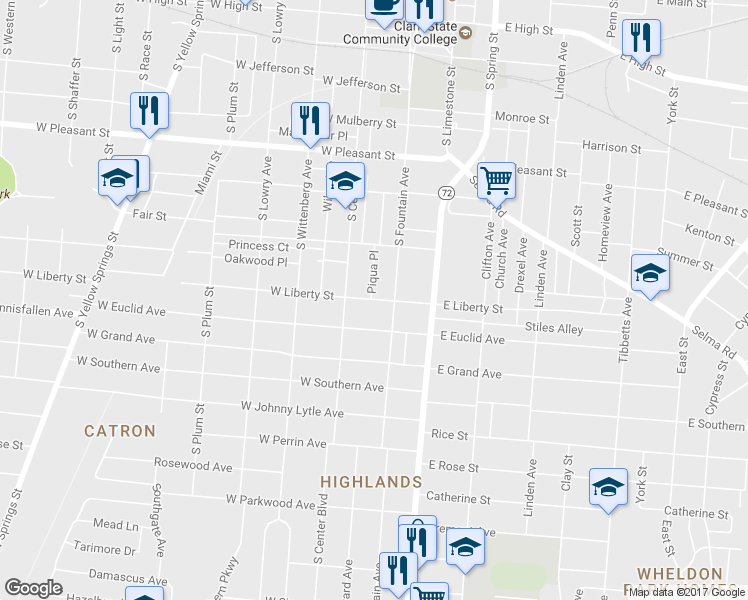 map of restaurants, bars, coffee shops, grocery stores, and more near 21 West Liberty Street in Springfield