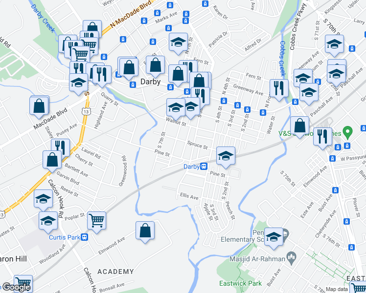 map of restaurants, bars, coffee shops, grocery stores, and more near 310 Moore Street in Darby