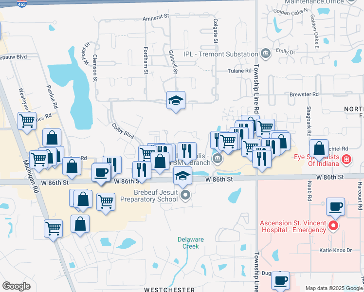 map of restaurants, bars, coffee shops, grocery stores, and more near 2810 Willow Lake Drive in Indianapolis