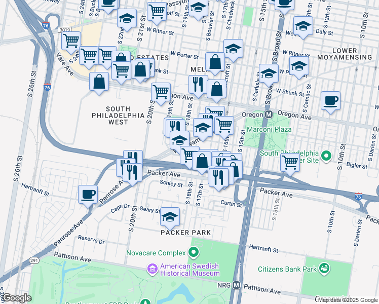 map of restaurants, bars, coffee shops, grocery stores, and more near 2941 South Cleveland Street in Philadelphia