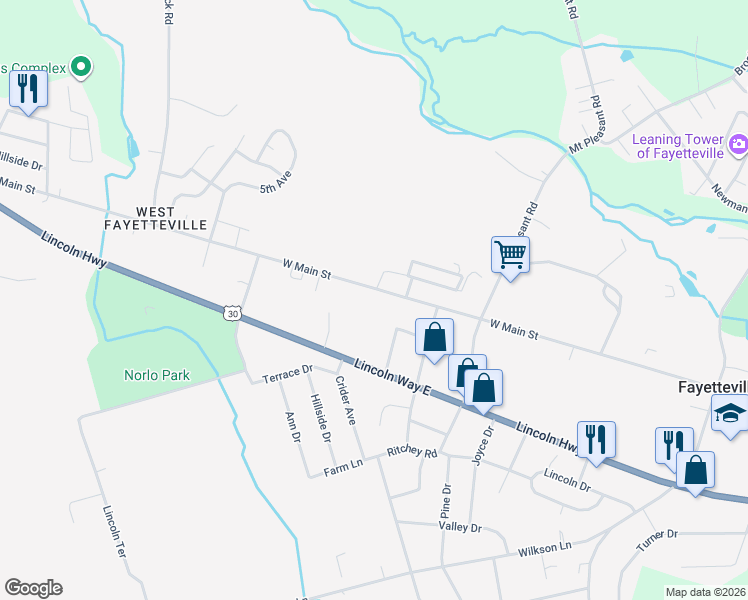 map of restaurants, bars, coffee shops, grocery stores, and more near 268 West Main Street in Fayetteville