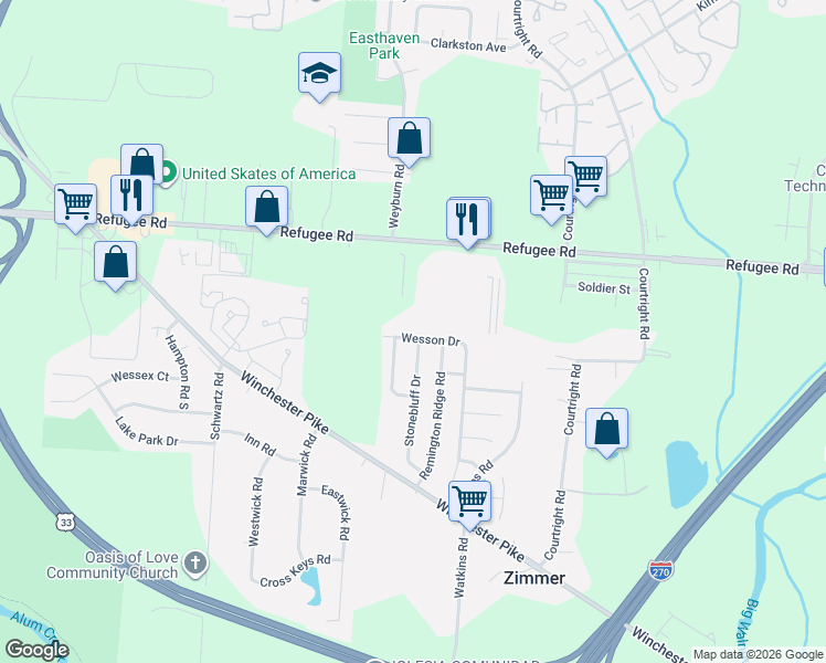 map of restaurants, bars, coffee shops, grocery stores, and more near 2932 Tracer Road in Columbus