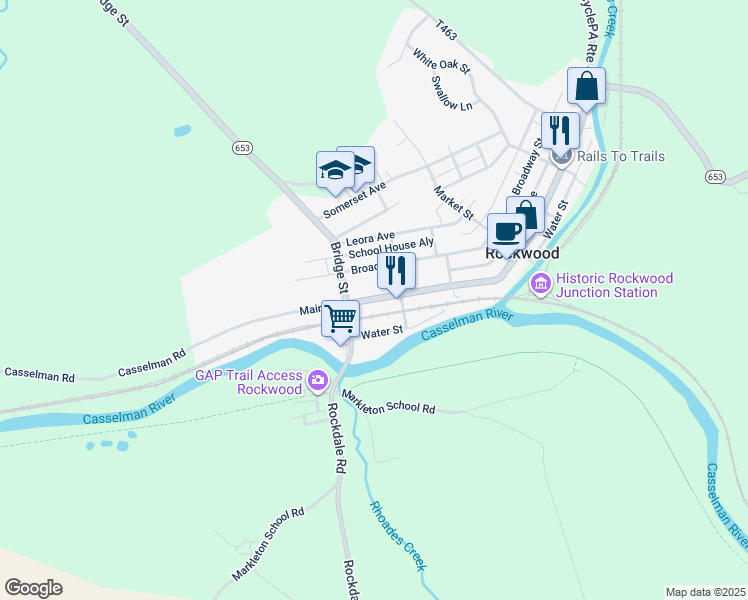 map of restaurants, bars, coffee shops, grocery stores, and more near 450 Main Street in Rockwood
