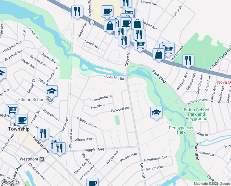 map of restaurants, bars, coffee shops, grocery stores, and more near 834 Cedar Avenue in Haddonfield