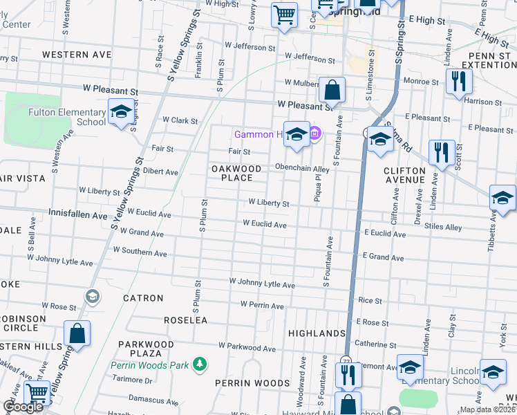 map of restaurants, bars, coffee shops, grocery stores, and more near 206 West Euclid Avenue in Springfield