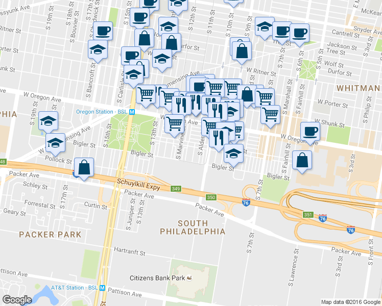 map of restaurants, bars, coffee shops, grocery stores, and more near 2826 South Warnock Street in Philadelphia