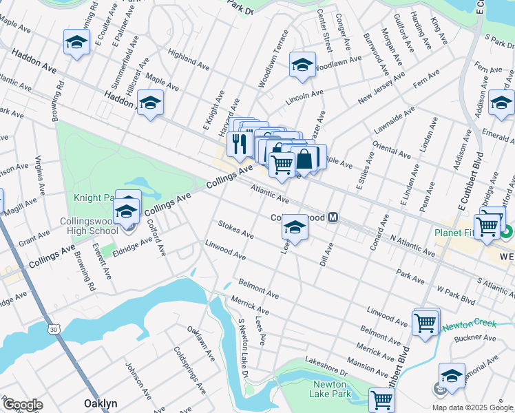 map of restaurants, bars, coffee shops, grocery stores, and more near 706 Park Avenue in Collingswood