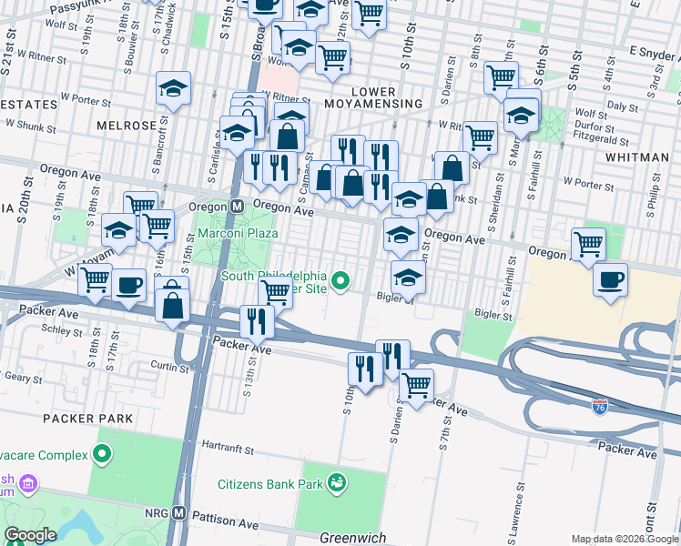 map of restaurants, bars, coffee shops, grocery stores, and more near 1100 Bigler Street in Philadelphia