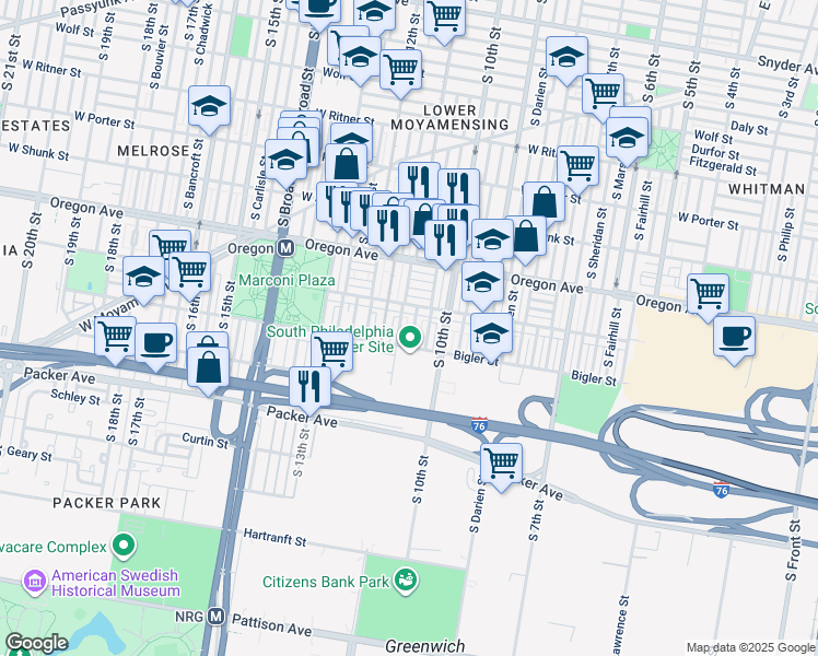map of restaurants, bars, coffee shops, grocery stores, and more near 2826 South Warnock Street in Philadelphia