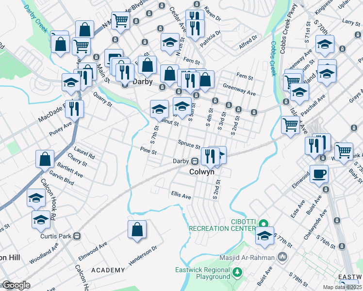 map of restaurants, bars, coffee shops, grocery stores, and more near in Darby