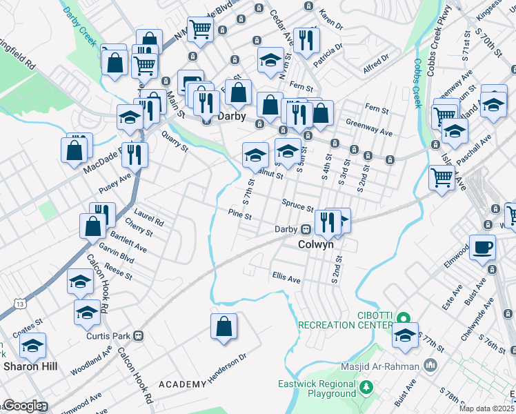 map of restaurants, bars, coffee shops, grocery stores, and more near 618 Pine Street in Darby