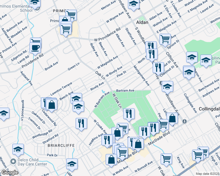 map of restaurants, bars, coffee shops, grocery stores, and more near 169 North Bartram Avenue in Glenolden