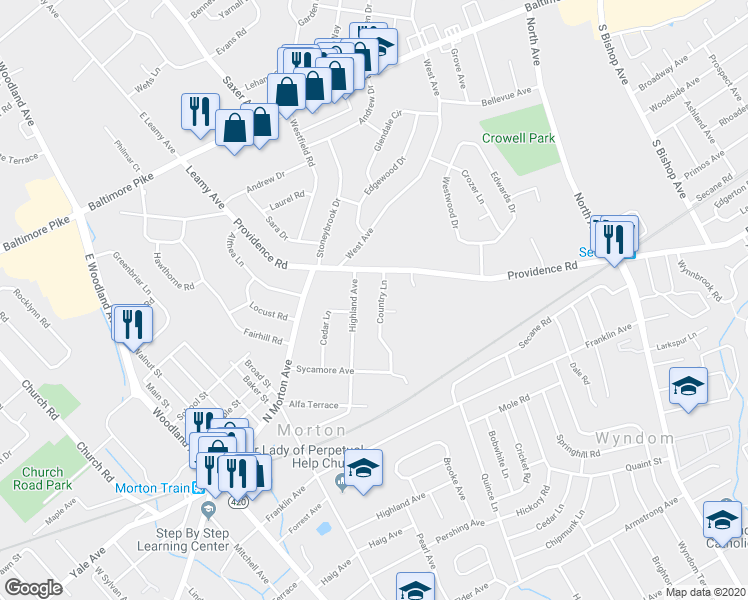 map of restaurants, bars, coffee shops, grocery stores, and more near 642 Country Lane in Morton
