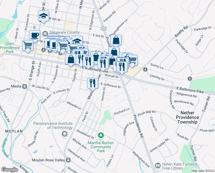 map of restaurants, bars, coffee shops, grocery stores, and more near 427 Vernon Street in Media