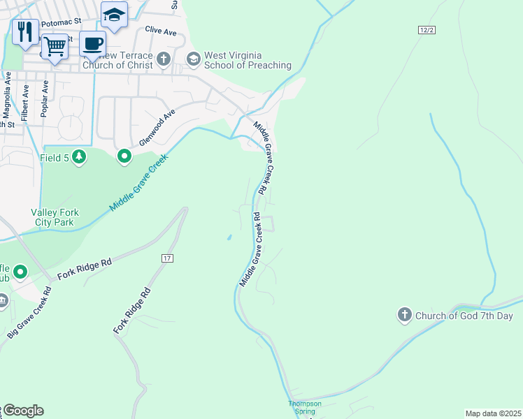 map of restaurants, bars, coffee shops, grocery stores, and more near 6046 Riffle Drive in Moundsville