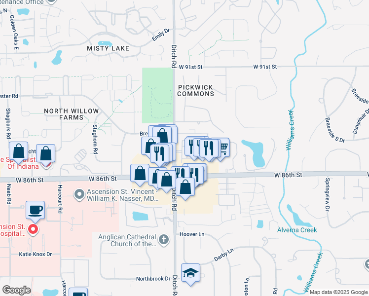 map of restaurants, bars, coffee shops, grocery stores, and more near 1312 Old Town South Drive in Indianapolis