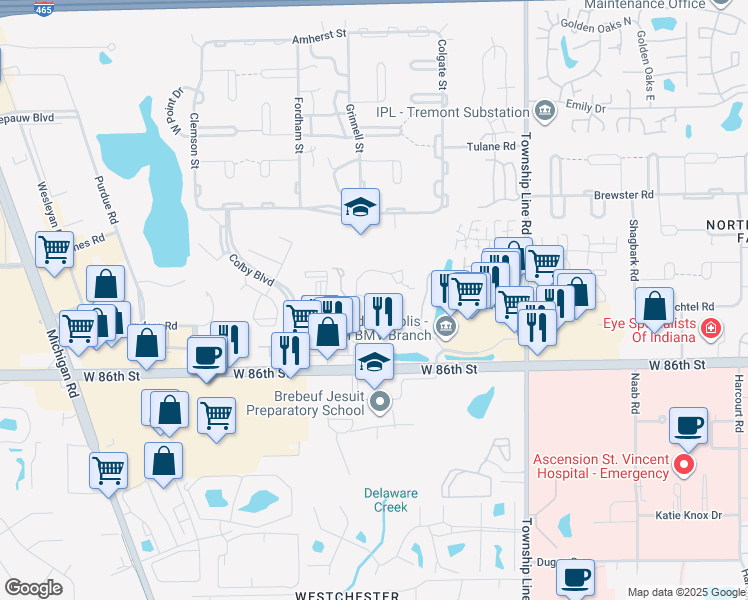 map of restaurants, bars, coffee shops, grocery stores, and more near 2810 Willow Lake Drive in Indianapolis