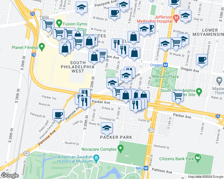 map of restaurants, bars, coffee shops, grocery stores, and more near 1844 West Moyamensing Avenue in Philadelphia