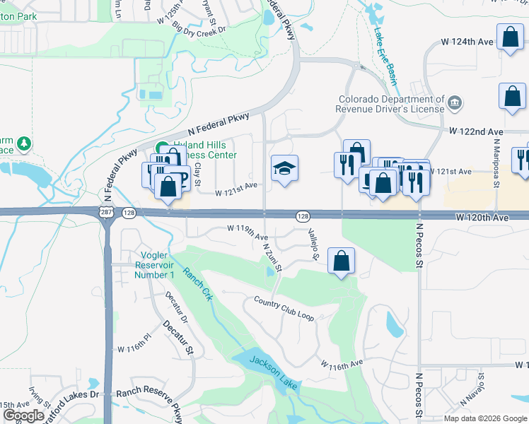 map of restaurants, bars, coffee shops, grocery stores, and more near West 120th Avenue & North Zuni Street in Westminster