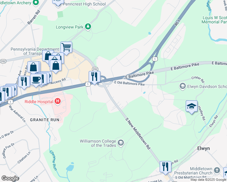 map of restaurants, bars, coffee shops, grocery stores, and more near 23 South New Middletown Road in Media