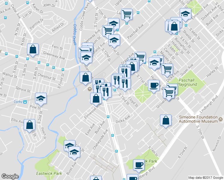 map of restaurants, bars, coffee shops, grocery stores, and more near 7305 Elmwood Avenue in Philadelphia