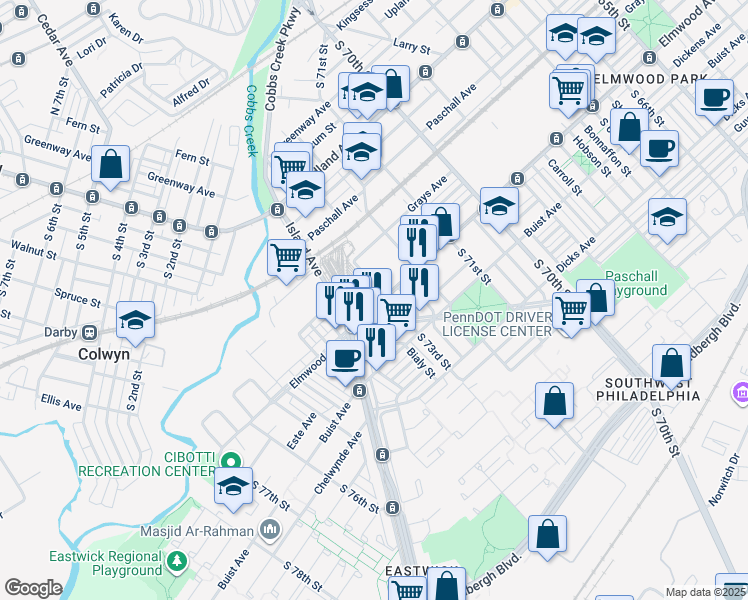 map of restaurants, bars, coffee shops, grocery stores, and more near 7307 Elmwood Avenue in Philadelphia