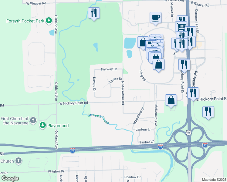 map of restaurants, bars, coffee shops, grocery stores, and more near 5201-5307 Yavapai Drive in Forsyth