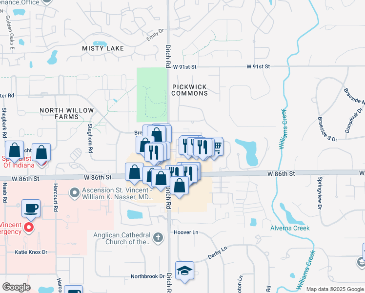 map of restaurants, bars, coffee shops, grocery stores, and more near 8717 Old Town West Drive in Indianapolis