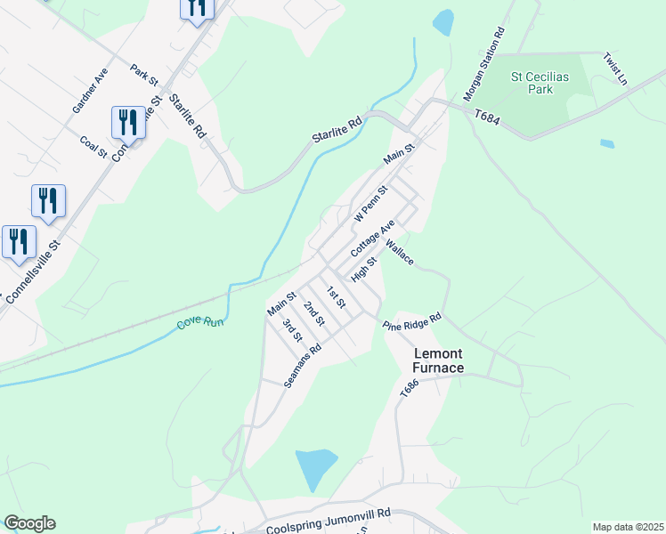 map of restaurants, bars, coffee shops, grocery stores, and more near 422 1st Street in Lemont Furnace