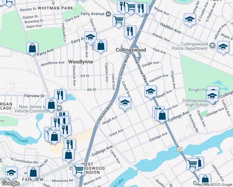 map of restaurants, bars, coffee shops, grocery stores, and more near Crescent Boulevard & Comly Avenue in Oaklyn