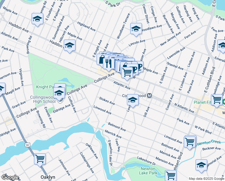 map of restaurants, bars, coffee shops, grocery stores, and more near 637 Park Avenue in Collingswood