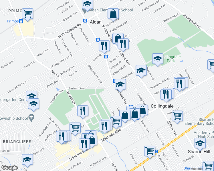 map of restaurants, bars, coffee shops, grocery stores, and more near 1025 Bartram Avenue in Collingdale