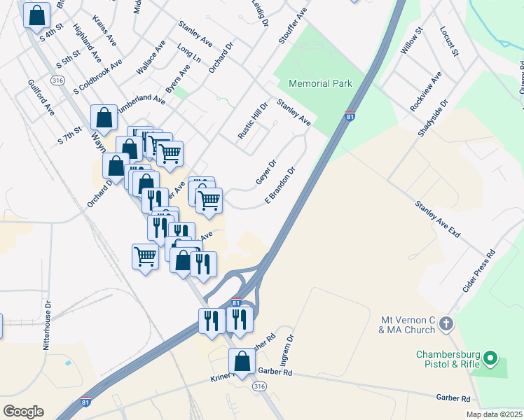 map of restaurants, bars, coffee shops, grocery stores, and more near 952 Brandon Drive in Chambersburg