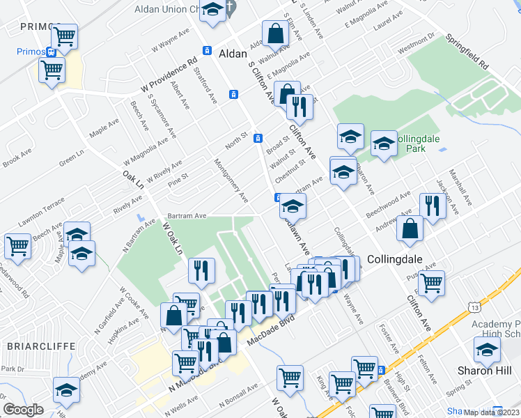 map of restaurants, bars, coffee shops, grocery stores, and more near 1025 Bartram Avenue in Collingdale