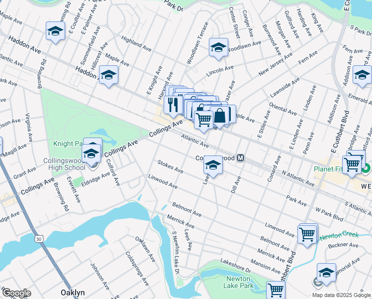 map of restaurants, bars, coffee shops, grocery stores, and more near 706 Park Avenue in Collingswood