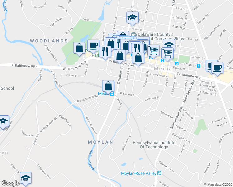 map of restaurants, bars, coffee shops, grocery stores, and more near 480 South Orange Street in Media