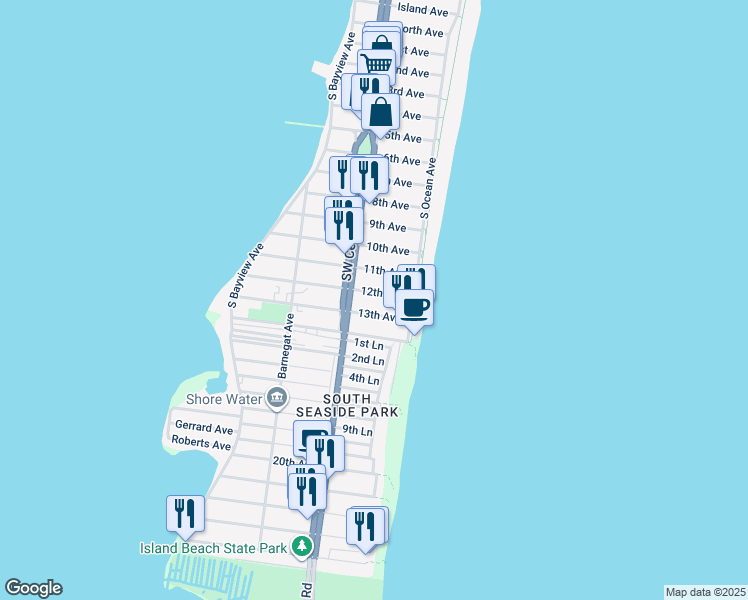 map of restaurants, bars, coffee shops, grocery stores, and more near 39-41 13th Avenue in Seaside Park