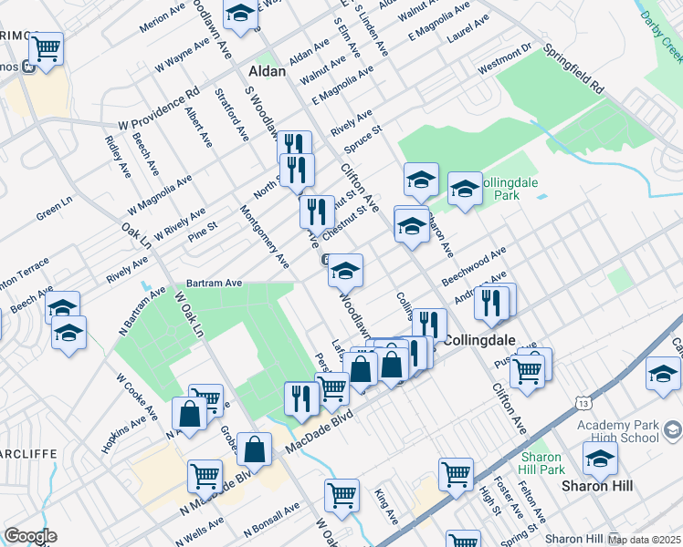 map of restaurants, bars, coffee shops, grocery stores, and more near 939 Pitman Avenue in Collingdale