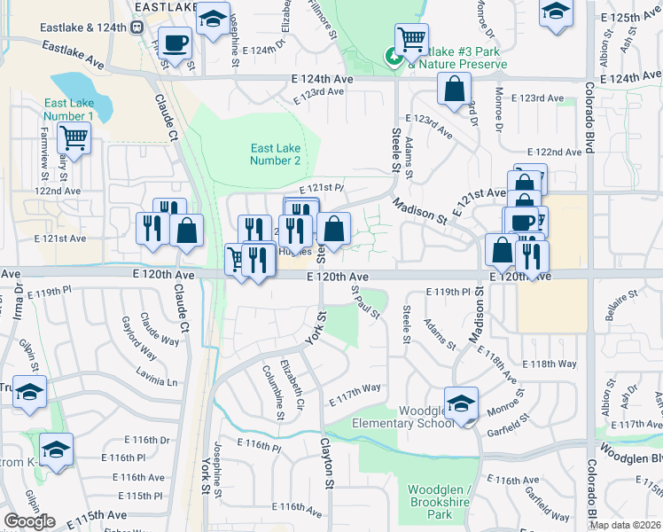 map of restaurants, bars, coffee shops, grocery stores, and more near 11801 York Street in Thornton