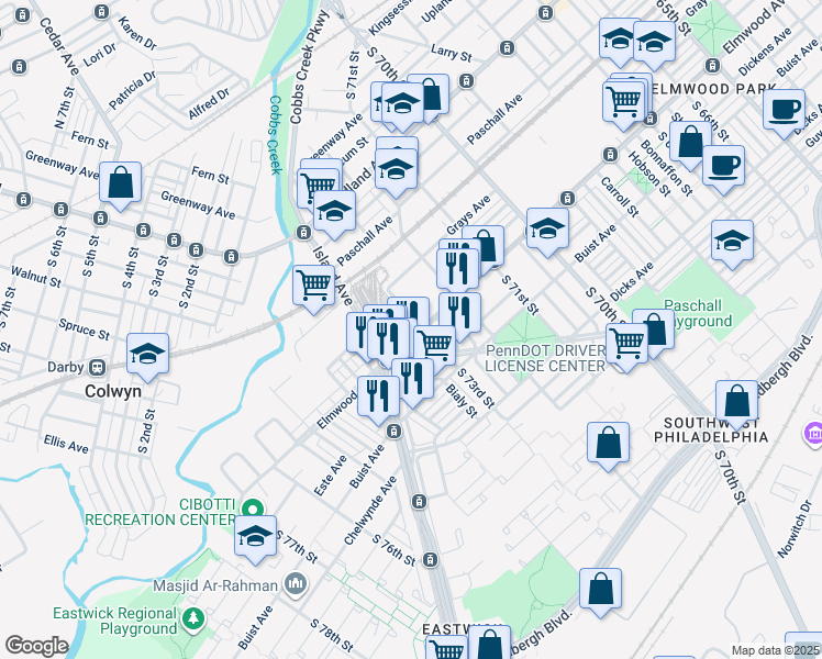 map of restaurants, bars, coffee shops, grocery stores, and more near 7305 Elmwood Avenue in Philadelphia