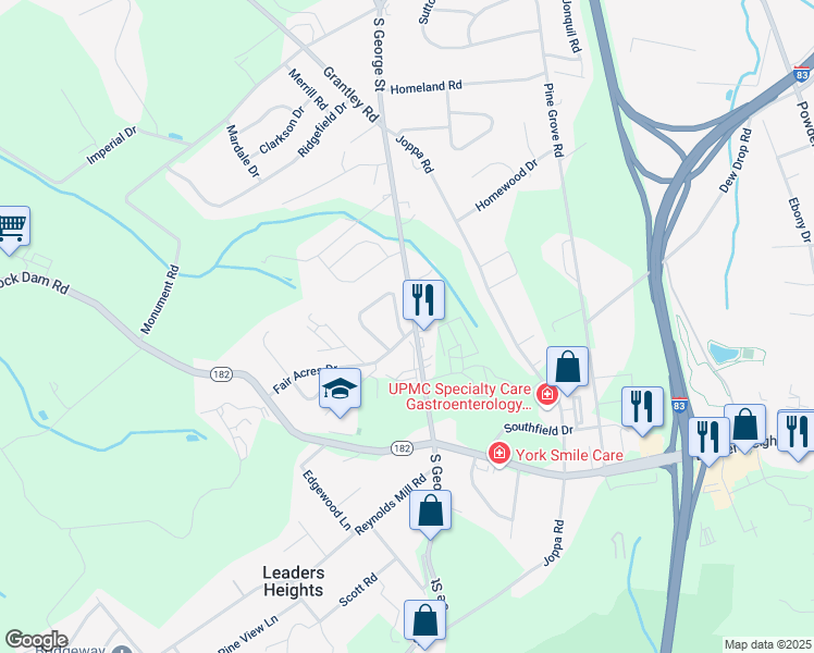 map of restaurants, bars, coffee shops, grocery stores, and more near 2590 Wildon Drive in York