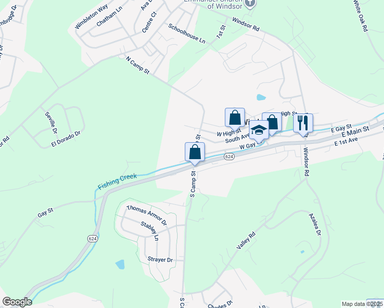 map of restaurants, bars, coffee shops, grocery stores, and more near 8 North Camp Street in Windsor