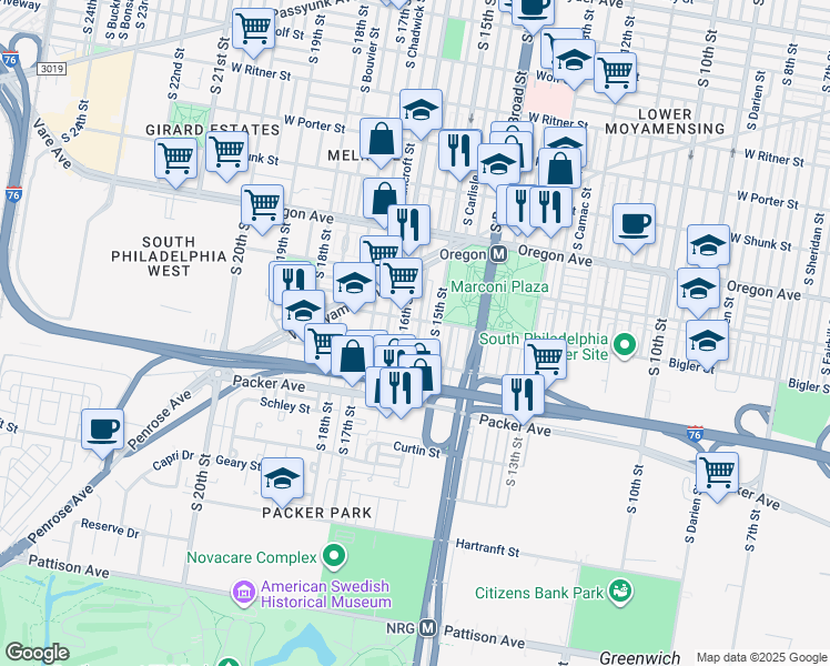 map of restaurants, bars, coffee shops, grocery stores, and more near 2914 South Sydenham Street in Philadelphia