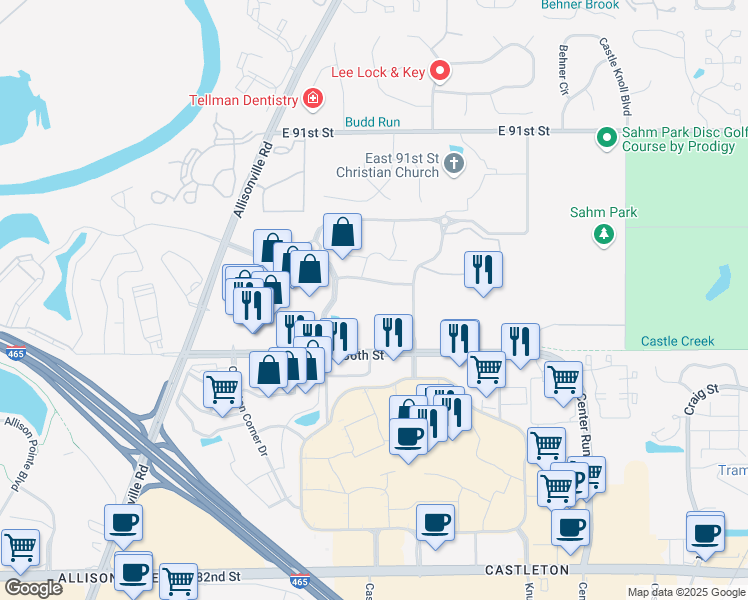 map of restaurants, bars, coffee shops, grocery stores, and more near 8705 Castle Creek Parkway East Drive in Indianapolis