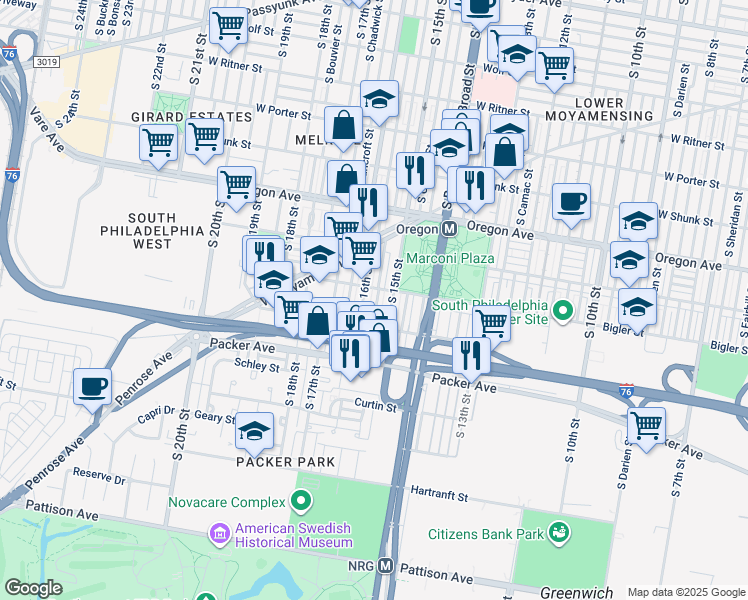 map of restaurants, bars, coffee shops, grocery stores, and more near 2914 South Sydenham Street in Philadelphia